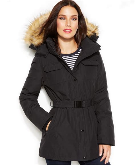 michael kors faux fur trimmed hooded belted coat|MICHAEL Michael Kors Women's Shine Belted Faux.